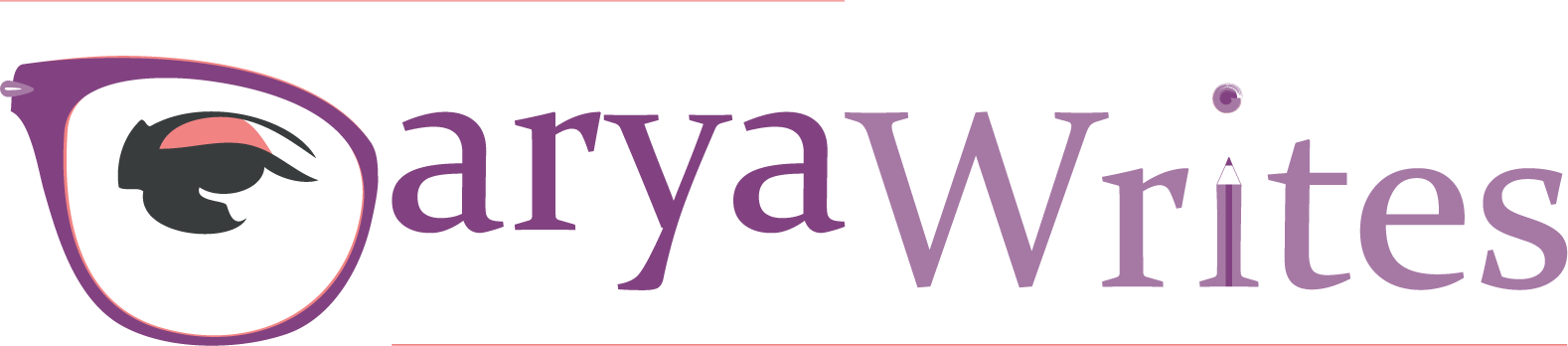 Text that reads: Darya Writes. The D is shaped as an eyeglasses frame with an eye behind it.